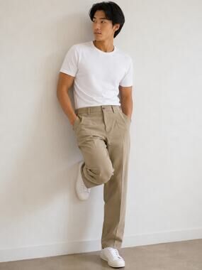 LR4702 Eddie Bauer Mens Khaki Chino Pants Straight Leg 35x32 Beige Cotton